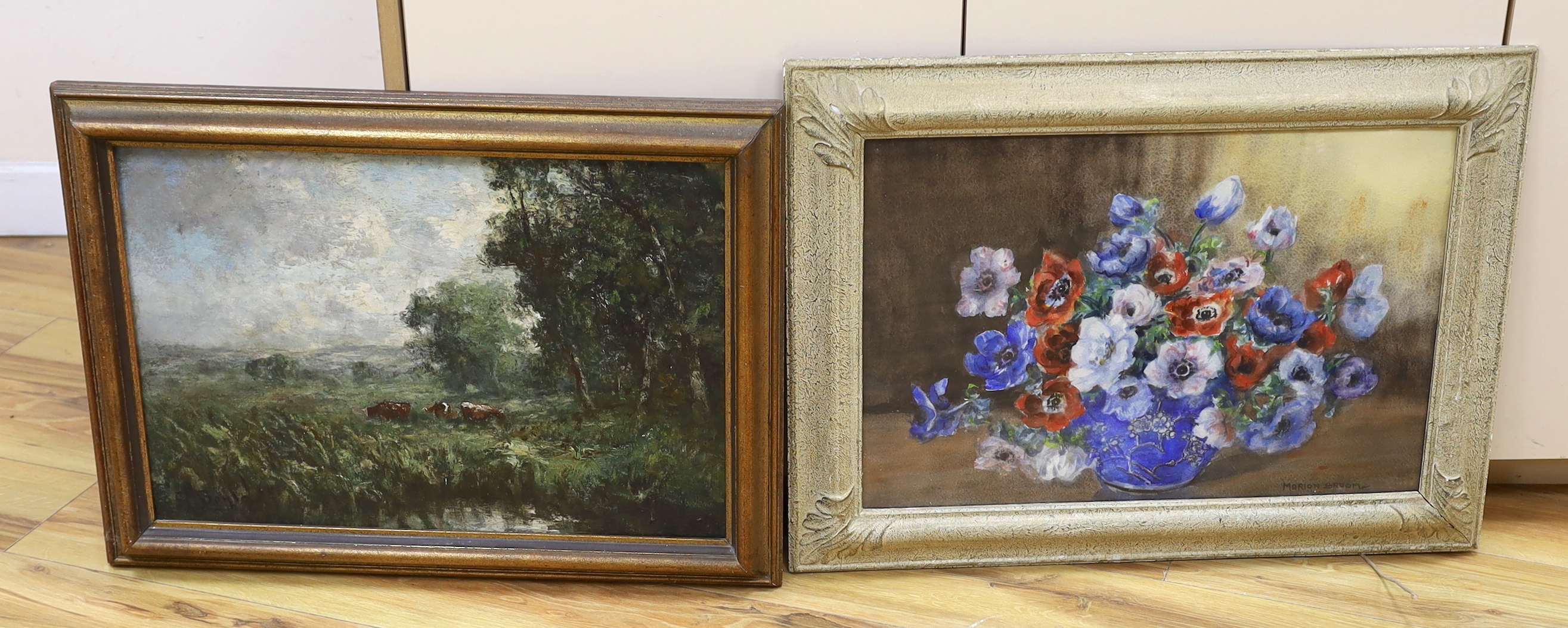 Marion L. Broom (1878-1962) watercolour, Still life of flowers in a jar, signed, together with an oil on canvas in the style of George Boyle, Cattle in a landscape, unsigned, largest 55 x 37cm